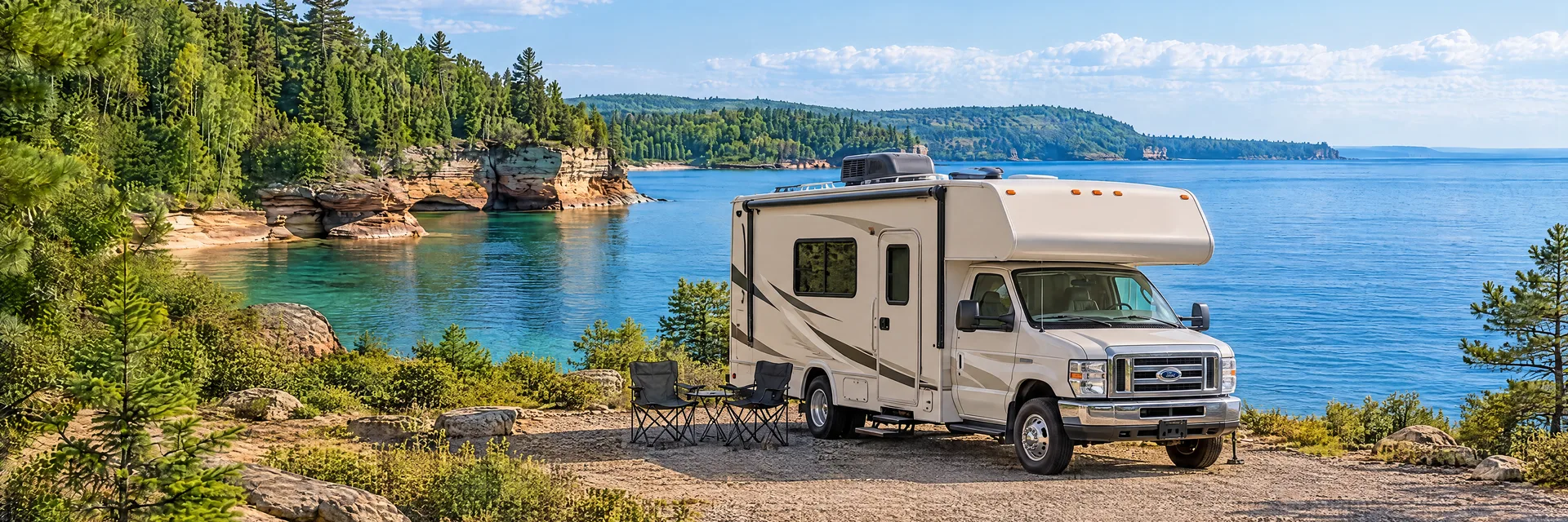 Illustration of a cream Class C motorhome with a modest overcab bunk at a fictional camping setting inspired by Munising, MI.