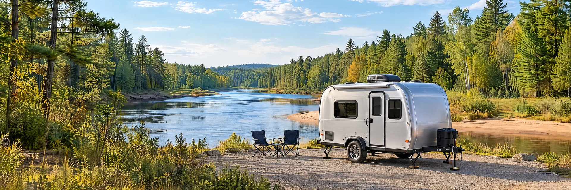 Illustration of a silver compact single-axle travel trailer with visible hitch and stabilizers at a fictional camping setting inspired by Newaygo, MI.