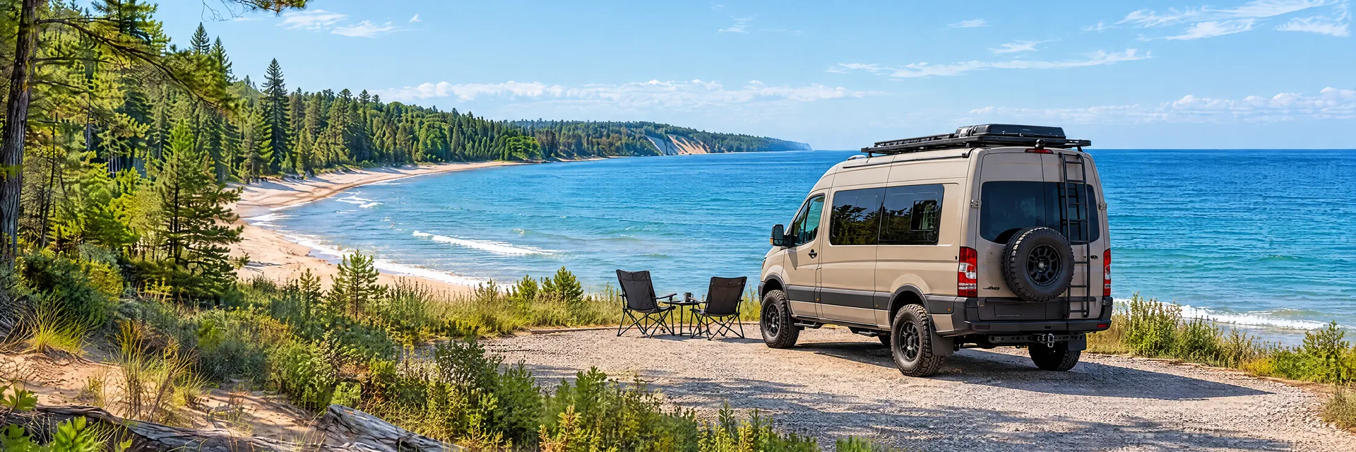 Illustration of a sand-colored rugged campervan at a fictional camping setting inspired by Oscoda, MI.