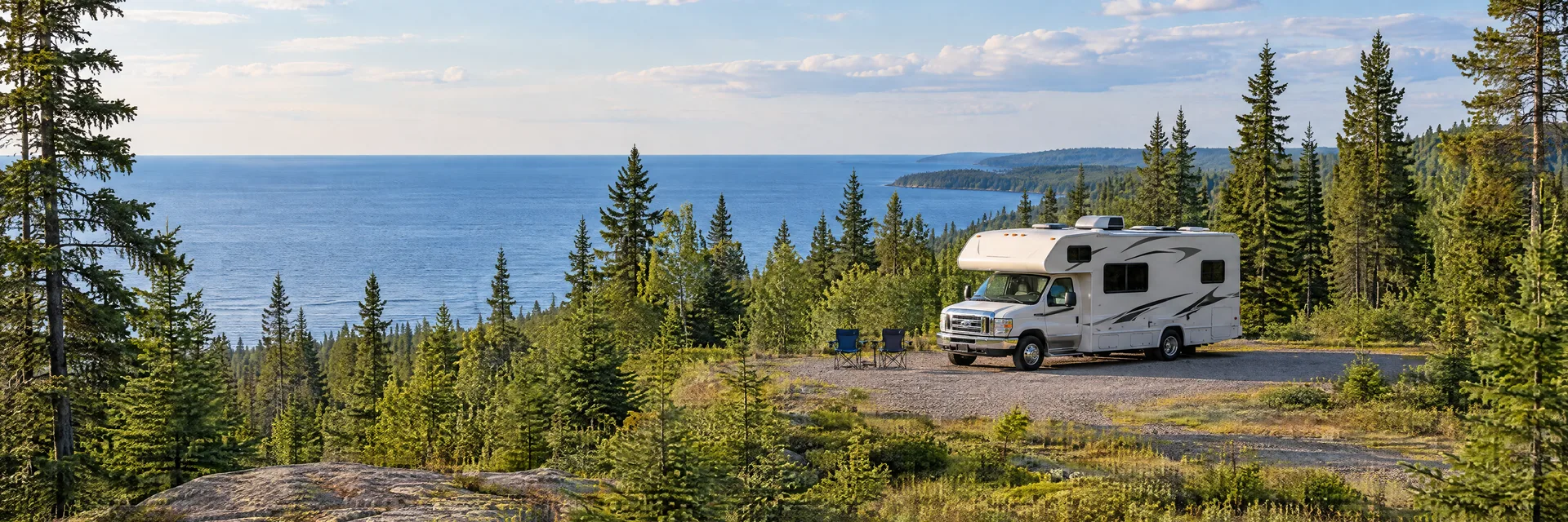 Illustration of a Class C motorhome at a fictional camping setting inspired by Paradise, MI.