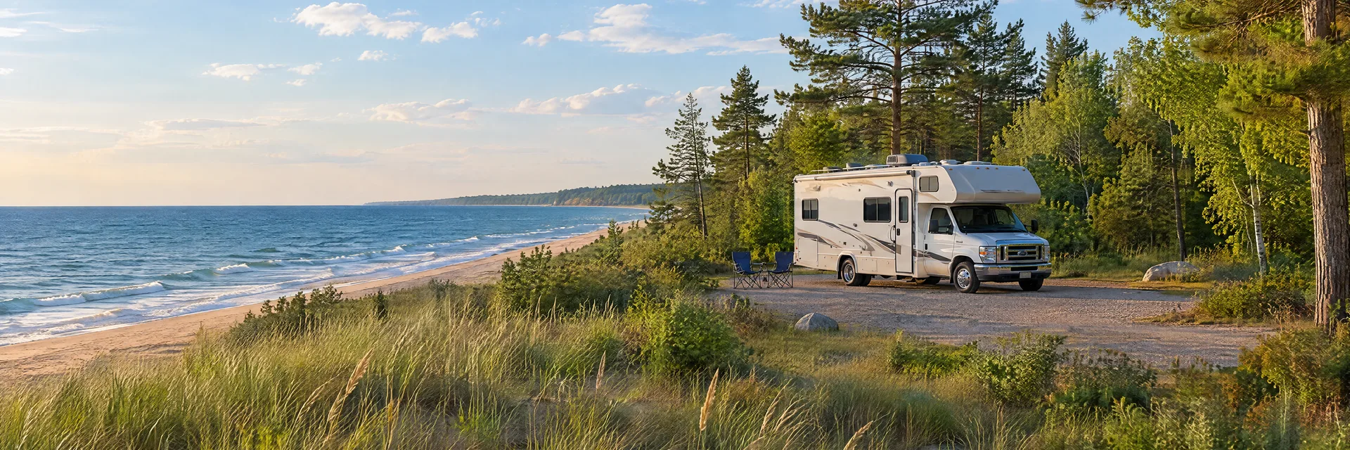 Illustration of a Class C motorhome at a fictional camping setting inspired by Pentwater, MI.