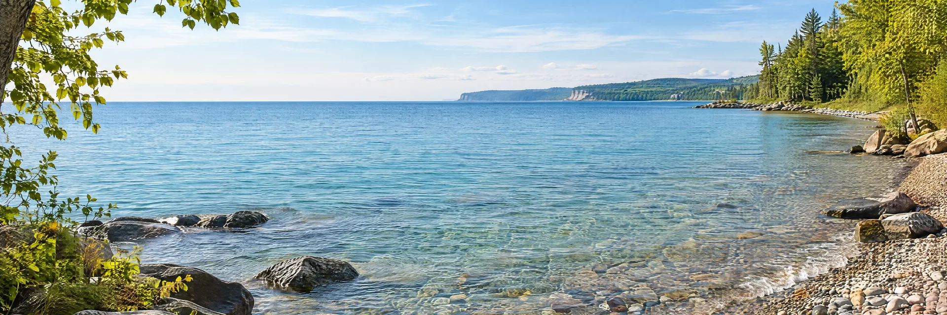 Illustration inspired by Petoskey, MI: lake Michigan pebble beach with hardwood trees and clear water.