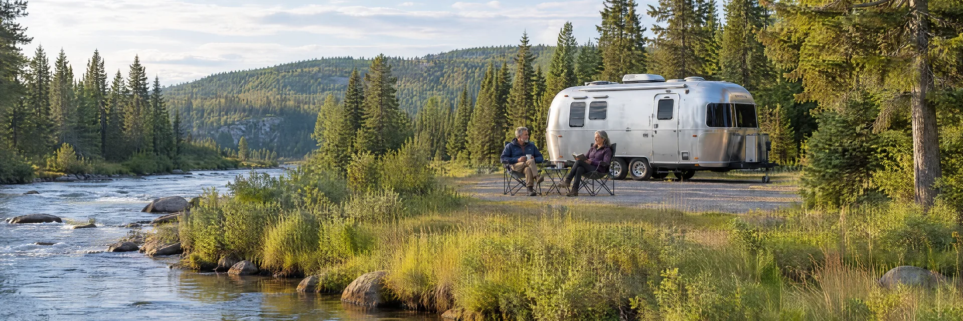 Illustration of campers enjoying relaxing at camp beside a rounded silver travel trailer in a fictional camping setting inspired by Rapid River, MI.
