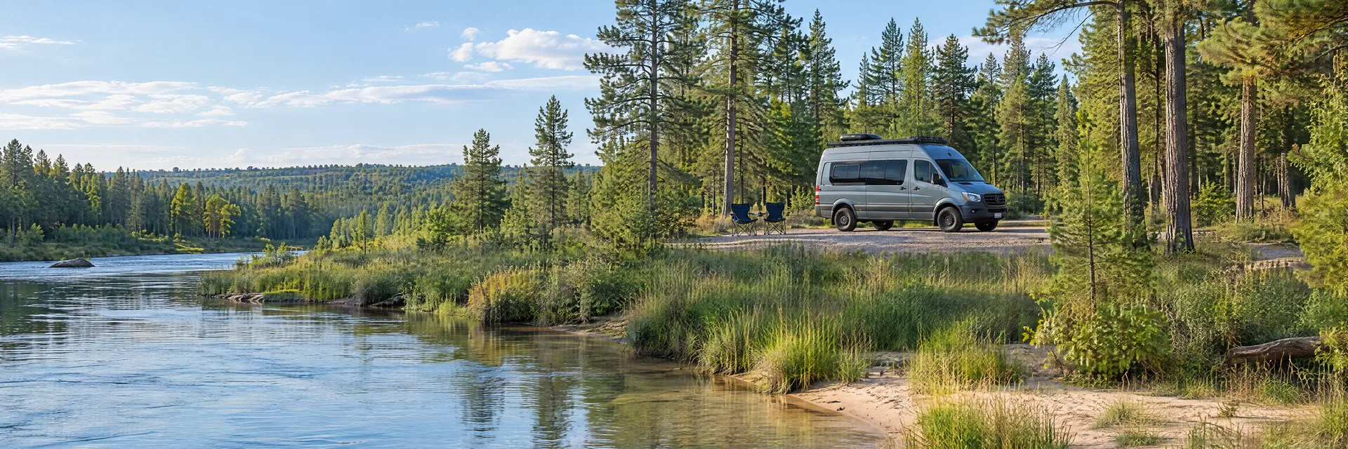 Illustration of a camper van at a fictional camping setting inspired by Roscommon, MI.