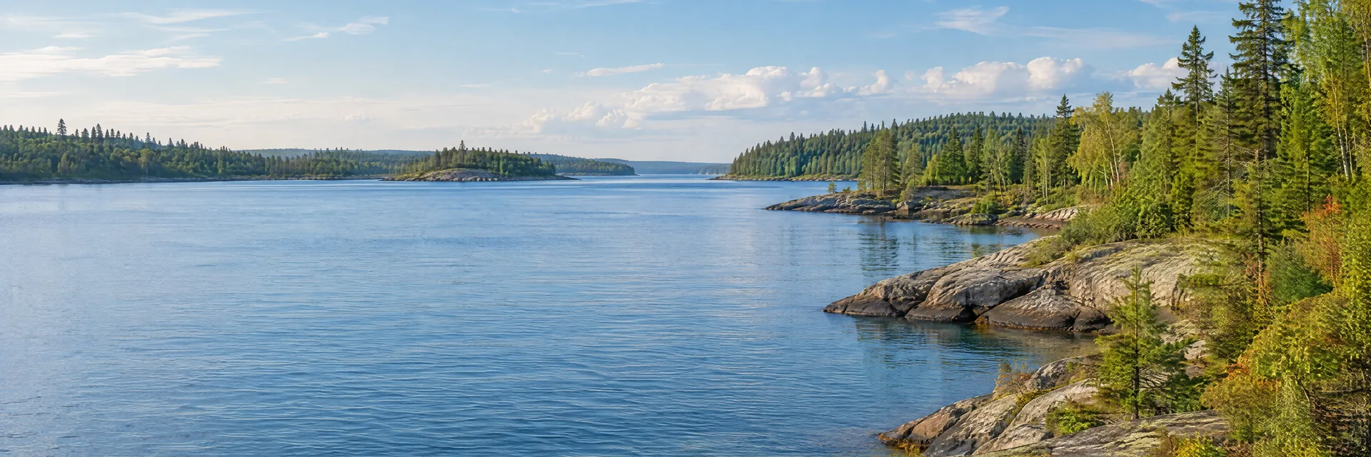 Illustration inspired by Sault Ste. Marie, MI: northern Michigan broad freshwater channel with rocky shoreline and mixed forest.
