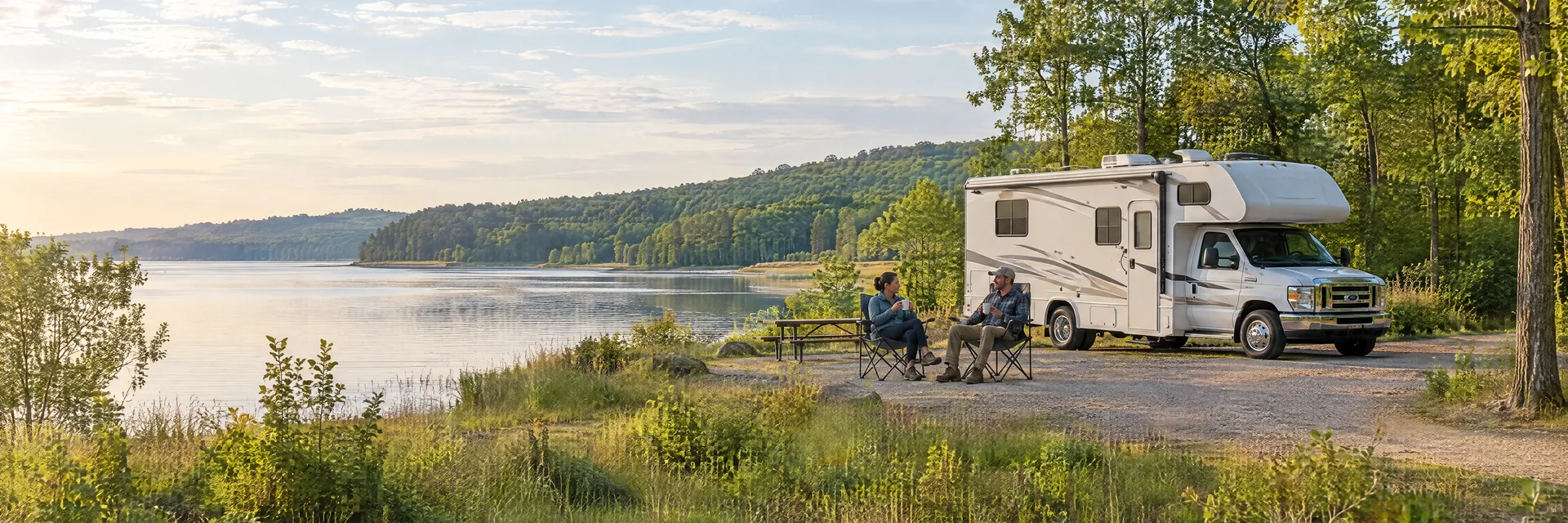 Illustration of campers enjoying morning coffee beside a Class C motorhome in a fictional camping setting inspired by Spring Lake, MI.