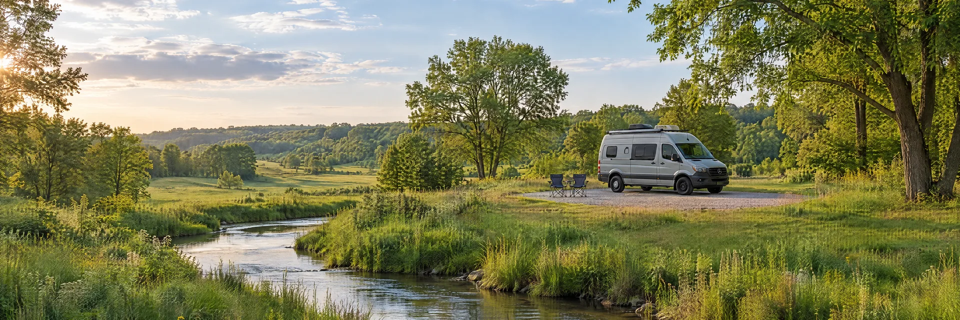 Illustration of a camper van at a fictional camping setting inspired by Tecumseh, MI.