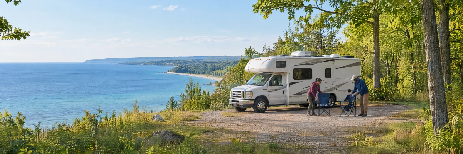 Illustration of campers enjoying setting up camp beside a Class C motorhome in a fictional camping setting inspired by Traverse City, MI.