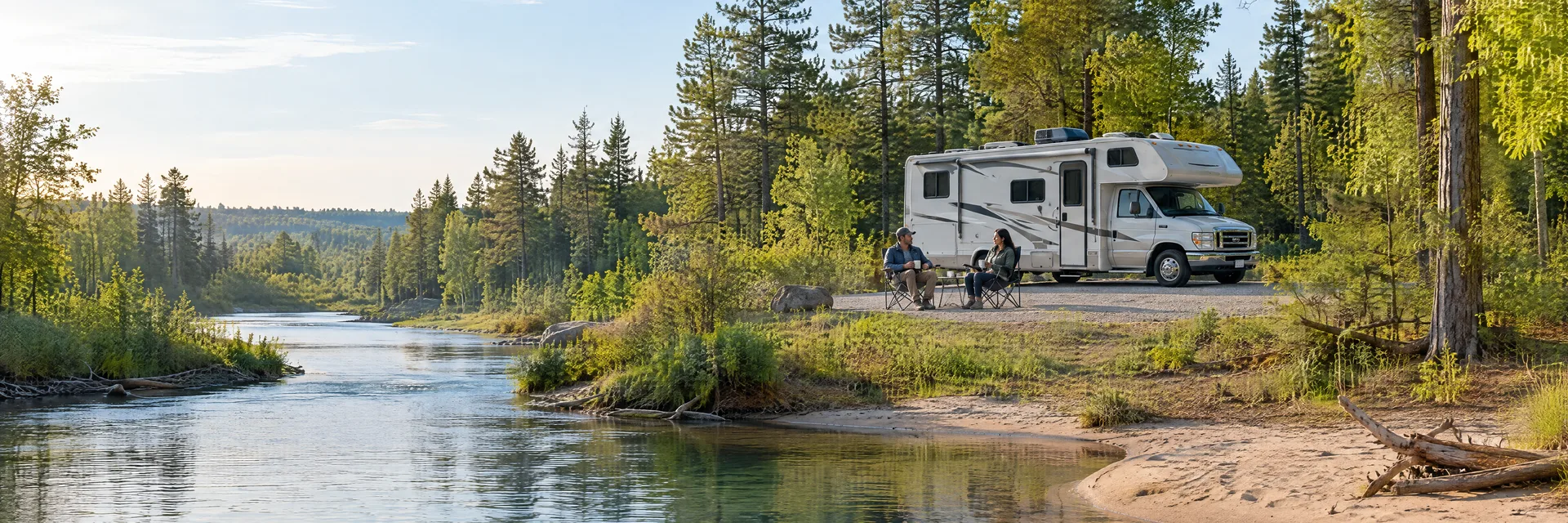 Illustration of campers enjoying morning coffee beside a Class C motorhome in a fictional camping setting inspired by White Cloud, MI.