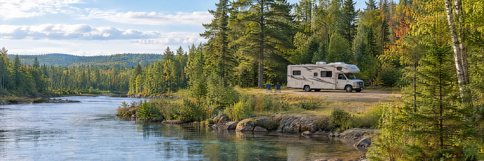 Illustration of a Class C motorhome at a fictional camping setting inspired by Wolverine, MI.