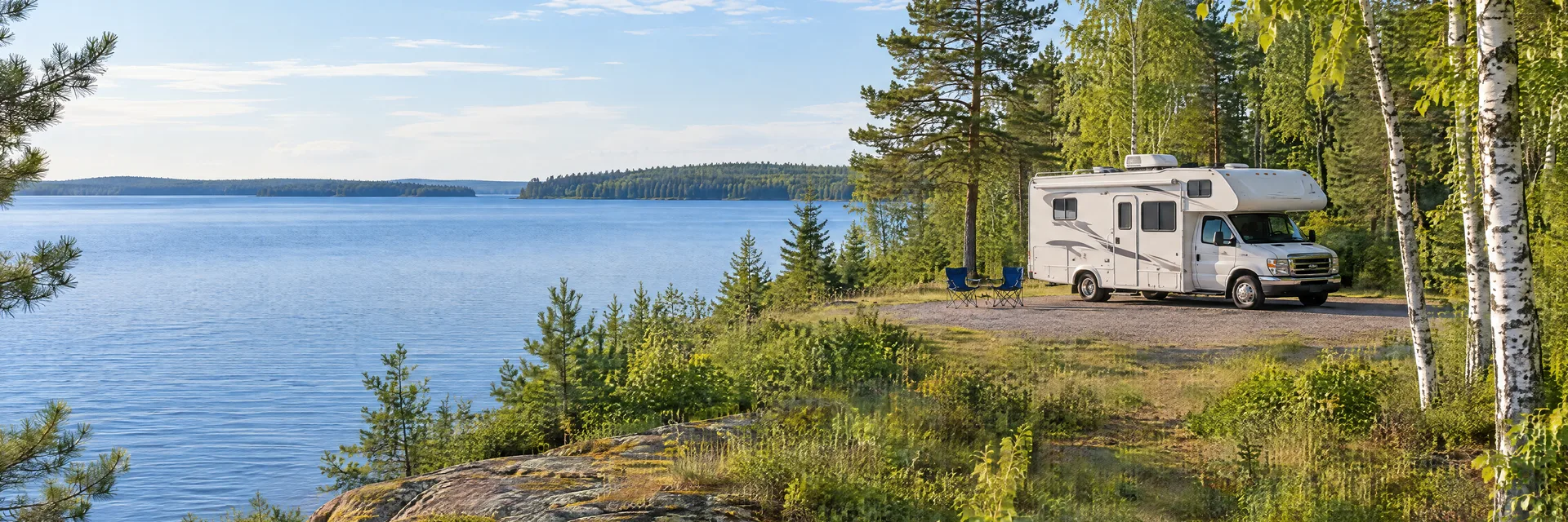 Illustration of a Class C motorhome at a fictional camping setting inspired by Bemidji, MN.