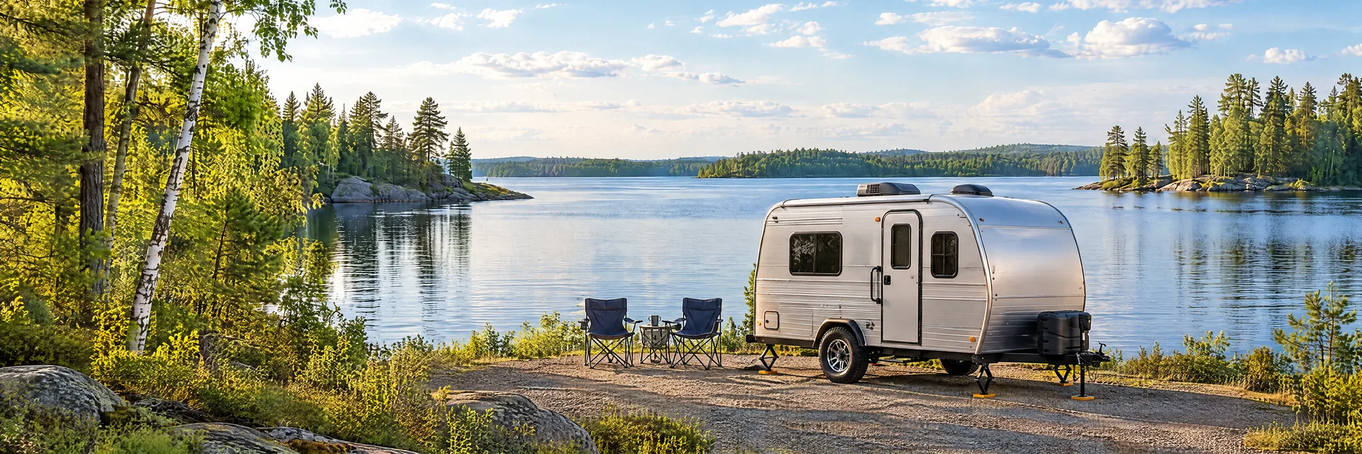 Illustration of a silver compact single-axle travel trailer with visible hitch and stabilizers at a fictional camping setting inspired by Brainerd, MN.