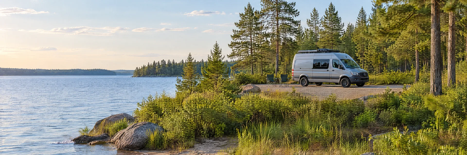Illustration of a camper van at a fictional camping setting inspired by Crosslake, MN.