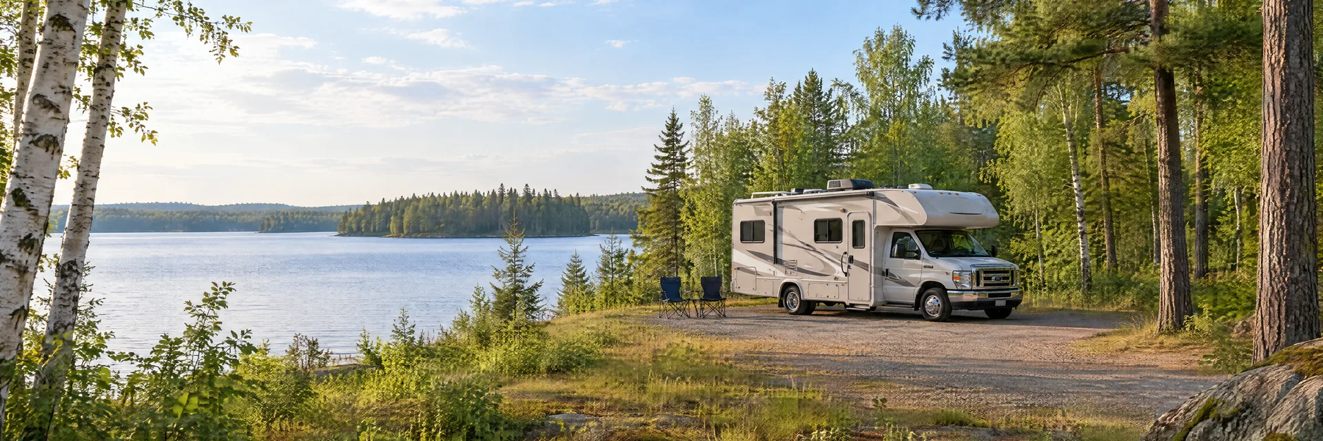 Illustration of a Class C motorhome at a fictional camping setting inspired by Deerwood, MN.