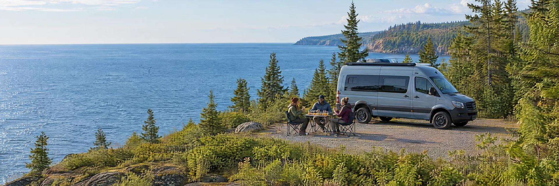Illustration of campers enjoying an outdoor meal beside a camper van in a fictional camping setting inspired by Duluth, MN.