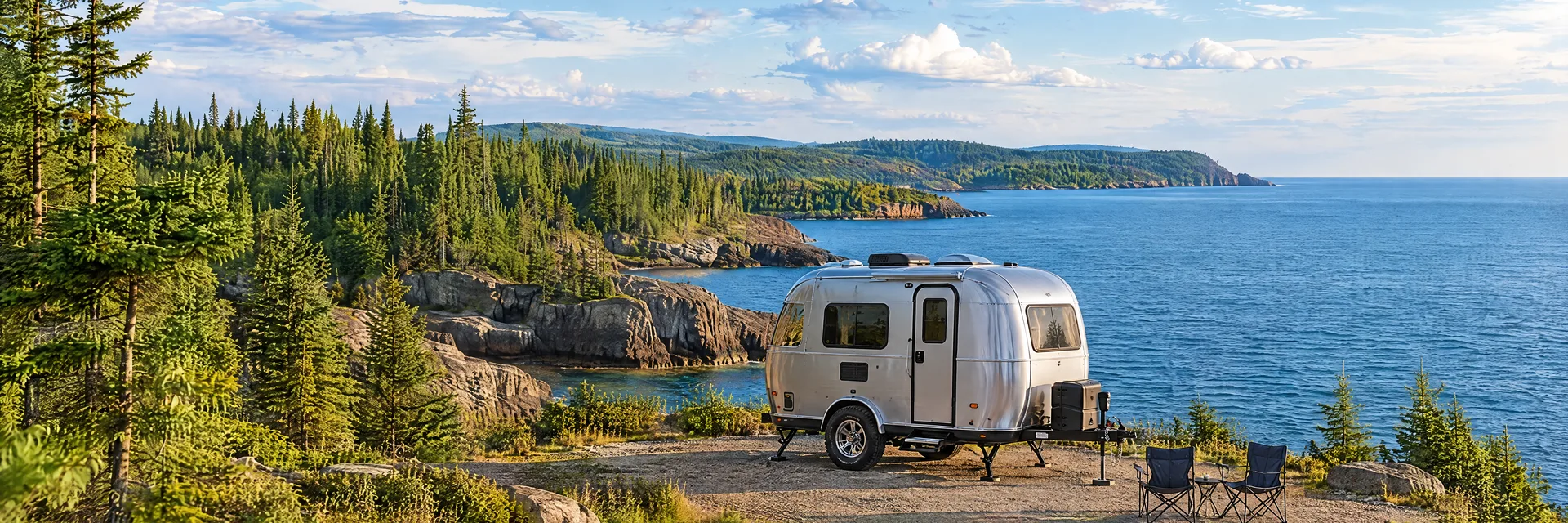 Illustration of a silver compact single-axle travel trailer with visible hitch and stabilizers at a fictional camping setting inspired by Grand Marais, MN.