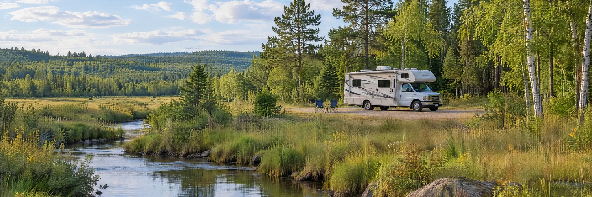 Illustration of a Class C motorhome at a fictional camping setting inspired by Hinckley, MN.