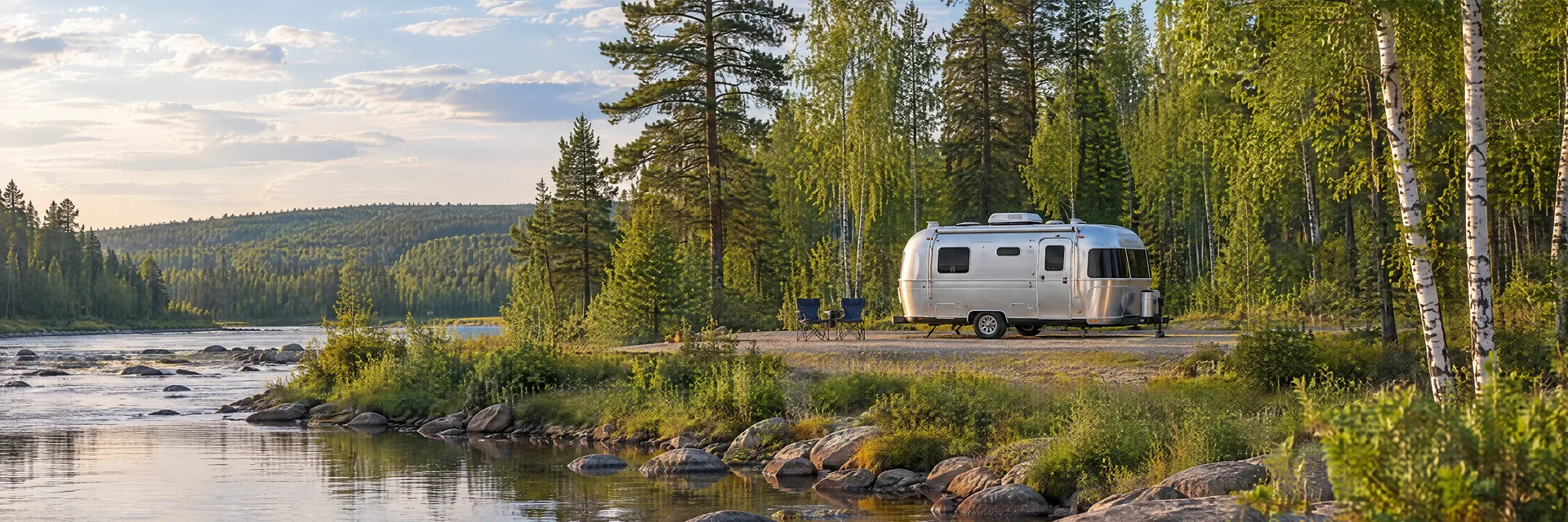 Illustration of a rounded silver travel trailer at a fictional camping setting inspired by Kettle River, MN.