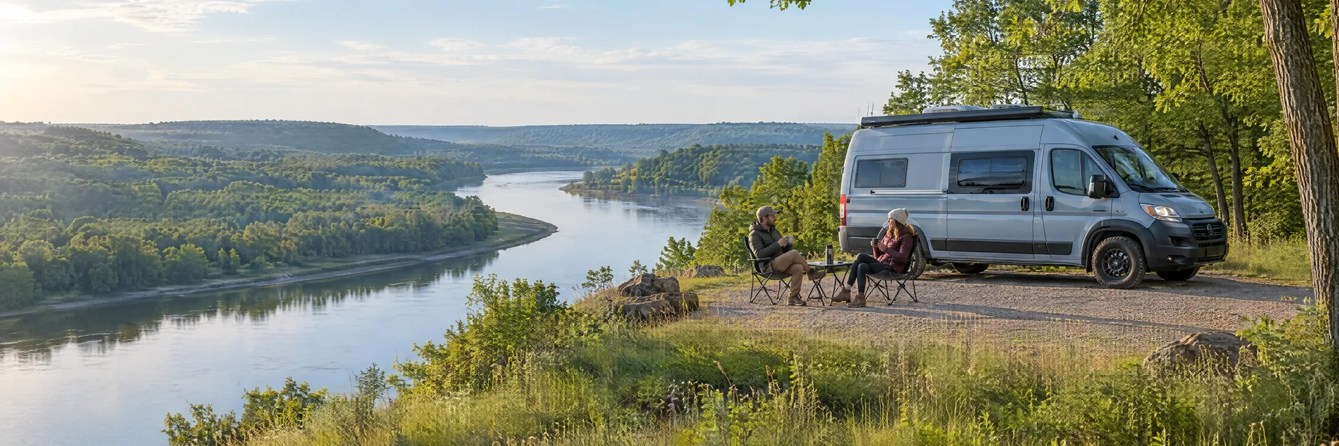Illustration of campers enjoying morning coffee beside a camper van in a fictional camping setting inspired by Mankato, MN.
