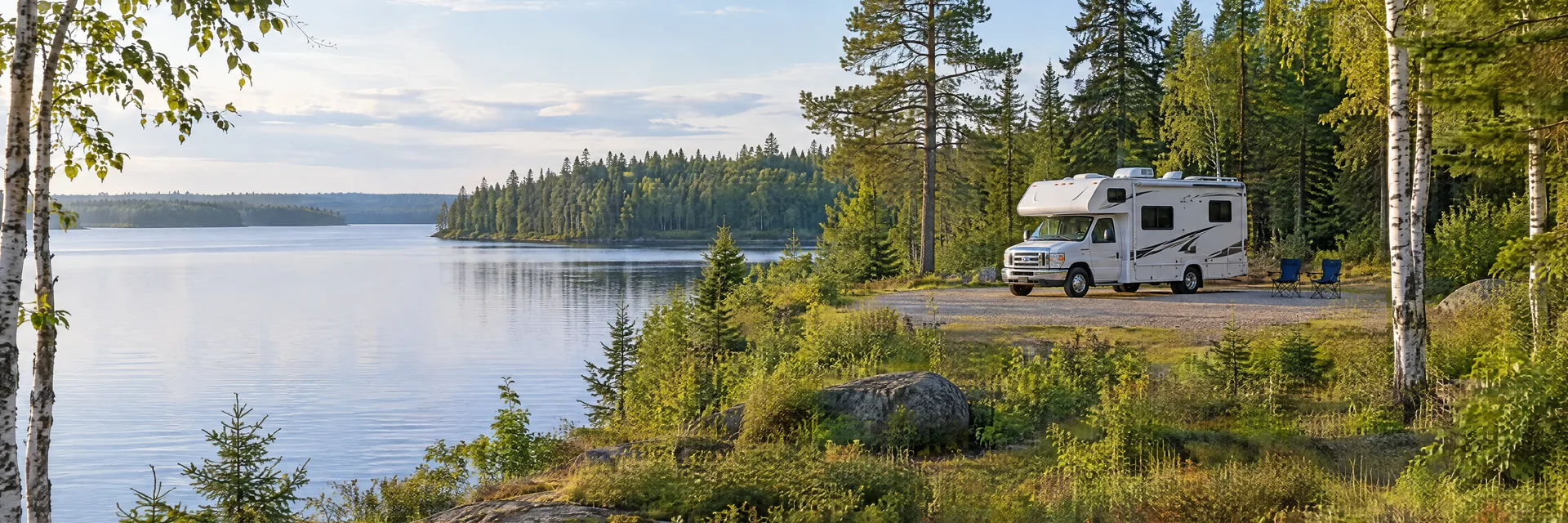 Illustration of a Class C motorhome at a fictional camping setting inspired by Moose Lake, MN.