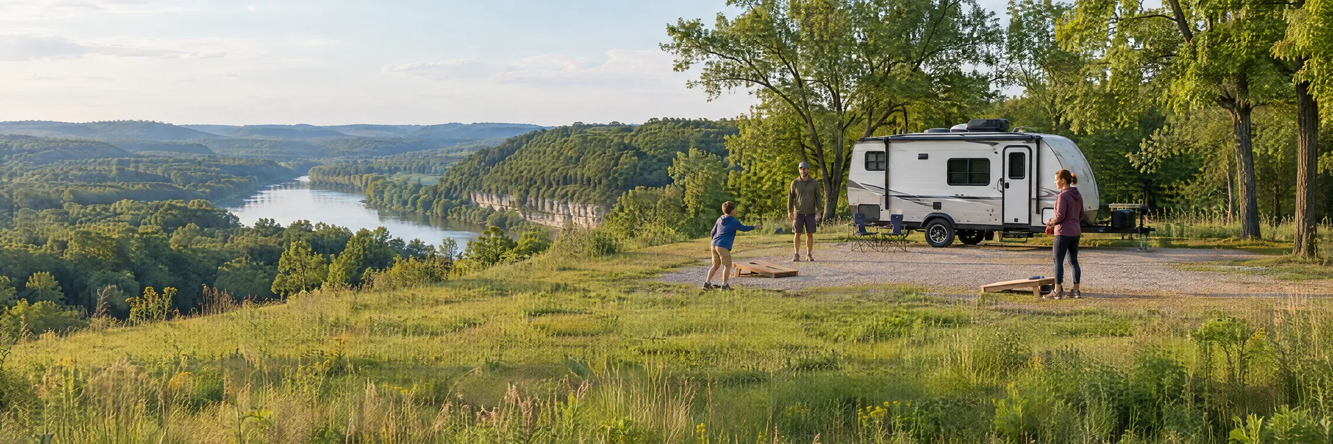 Illustration of campers enjoying family campsite activities beside a compact travel trailer in a fictional camping setting inspired by Oronoco, MN.