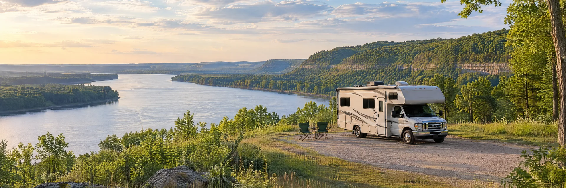 Illustration of a Class C motorhome at a fictional camping setting inspired by Red Wing, MN.