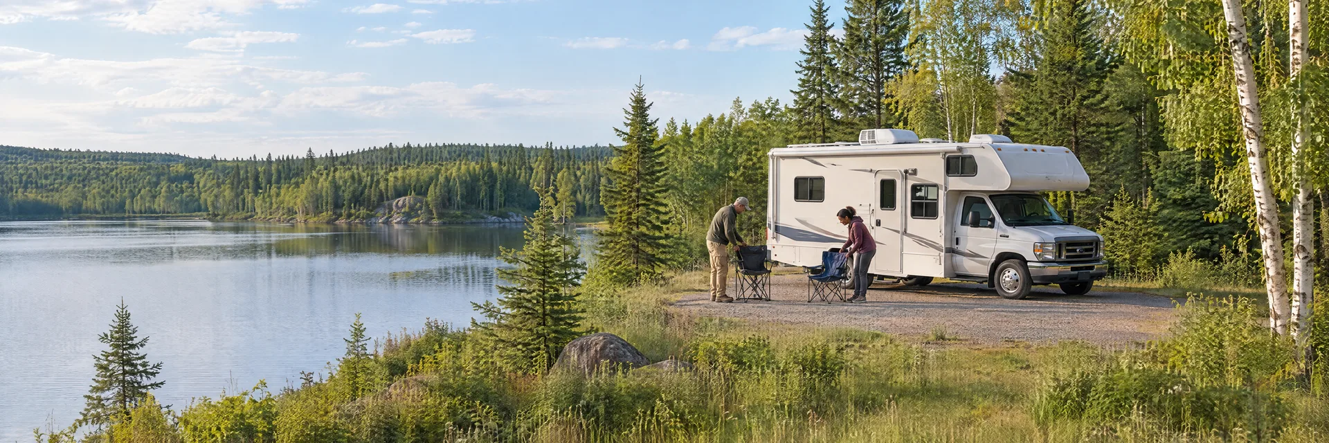 Illustration of campers enjoying setting up camp beside a Class C motorhome in a fictional camping setting inspired by Rice Lake, MN.
