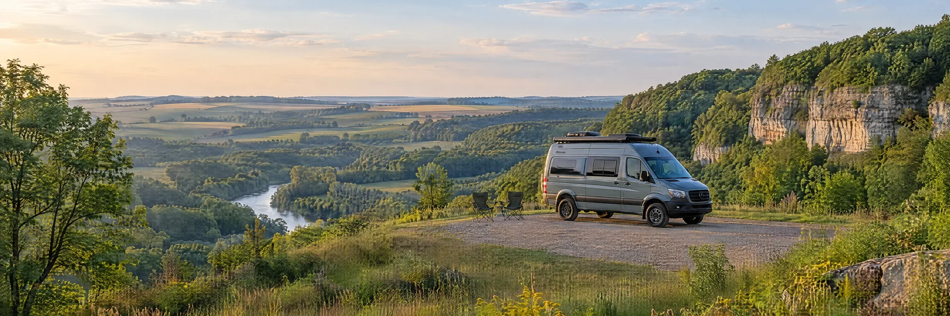 Illustration of a camper van at a fictional camping setting inspired by Rochester, MN.