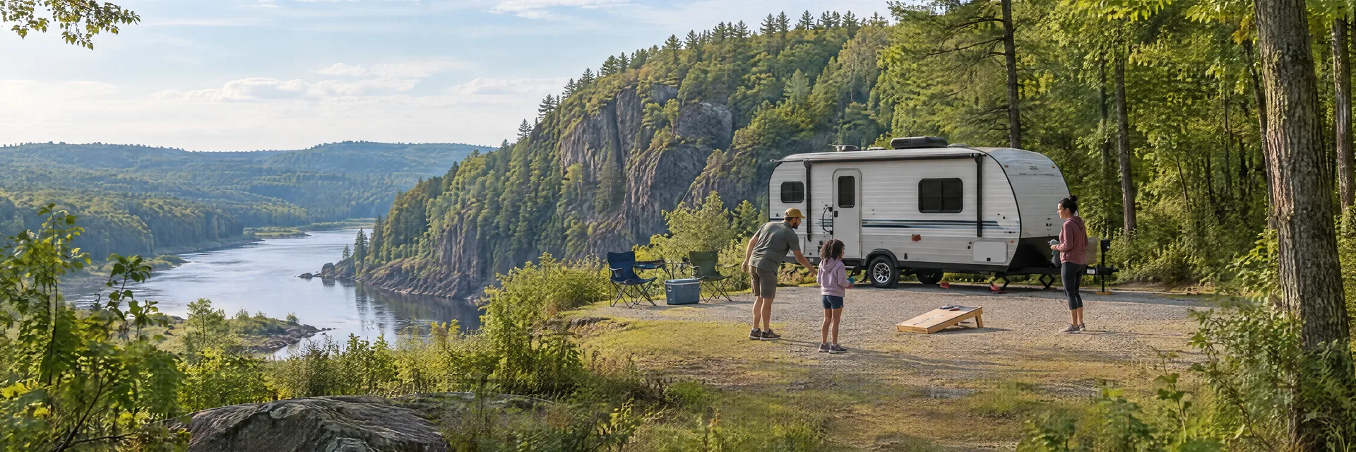 Illustration of campers enjoying family campsite activities beside a compact travel trailer in a fictional camping setting inspired by Taylors Falls, MN.