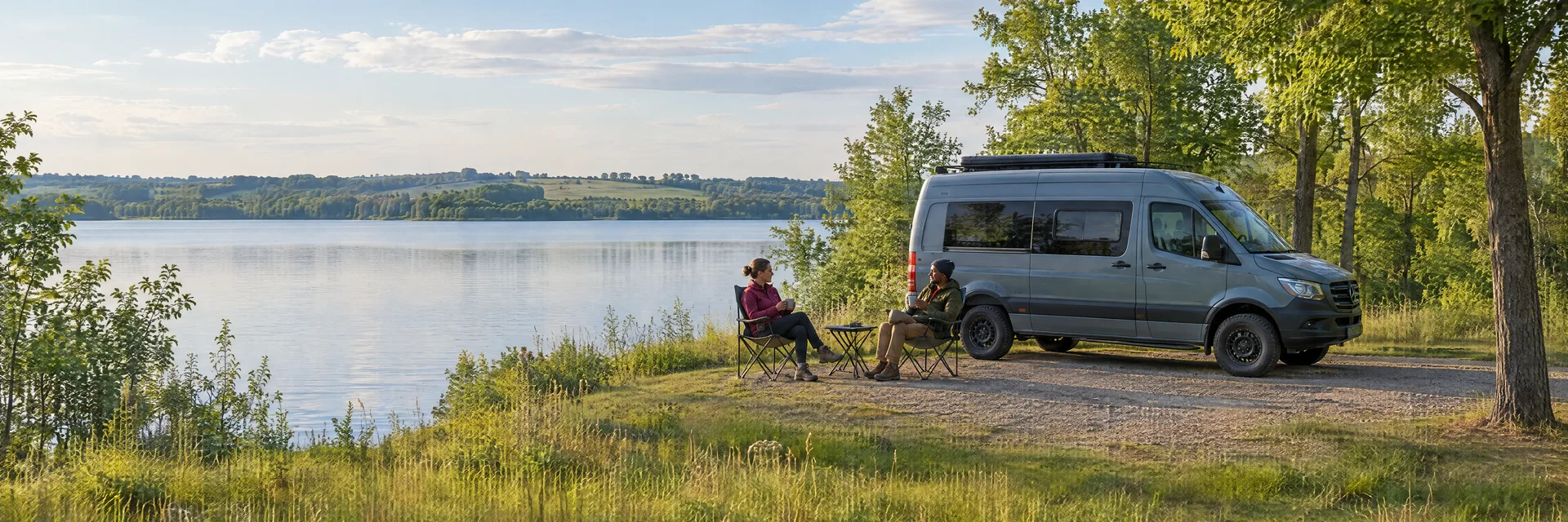 Illustration of campers enjoying morning coffee beside a camper van in a fictional camping setting inspired by Waterville, MN.