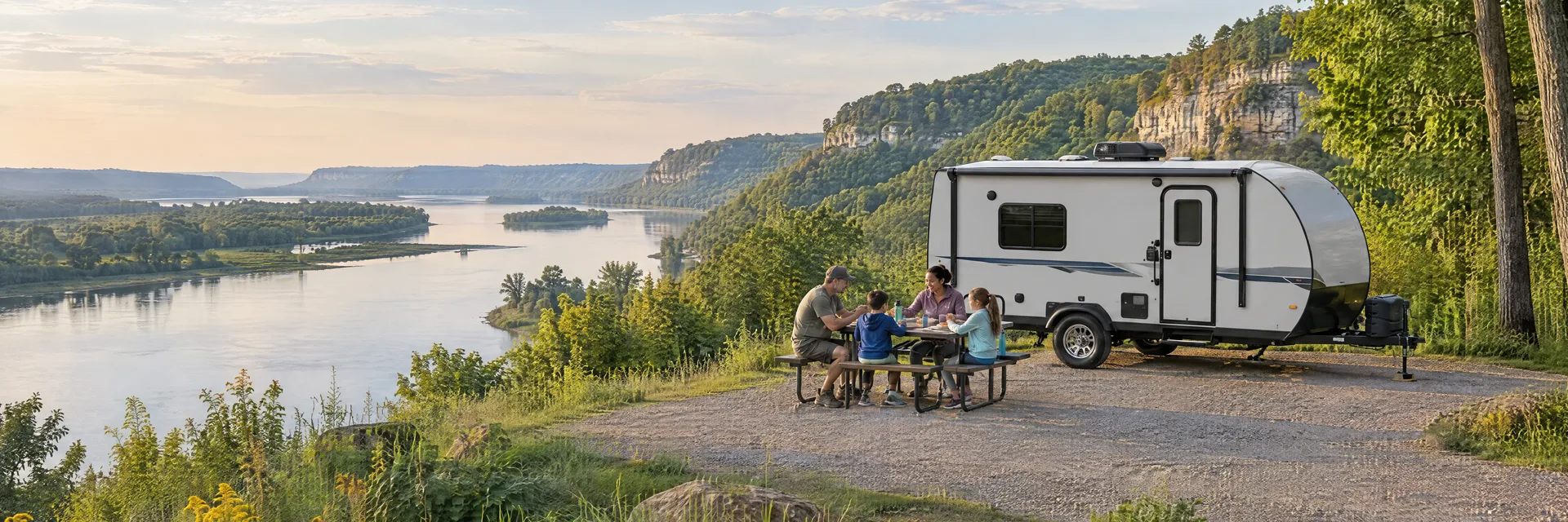 Illustration of campers enjoying a family picnic beside a compact travel trailer in a fictional camping setting inspired by Winona, MN.