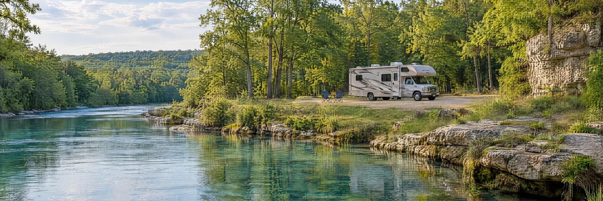 Illustration of a Class C motorhome at a fictional camping setting inspired by Bennett Springs, MO.
