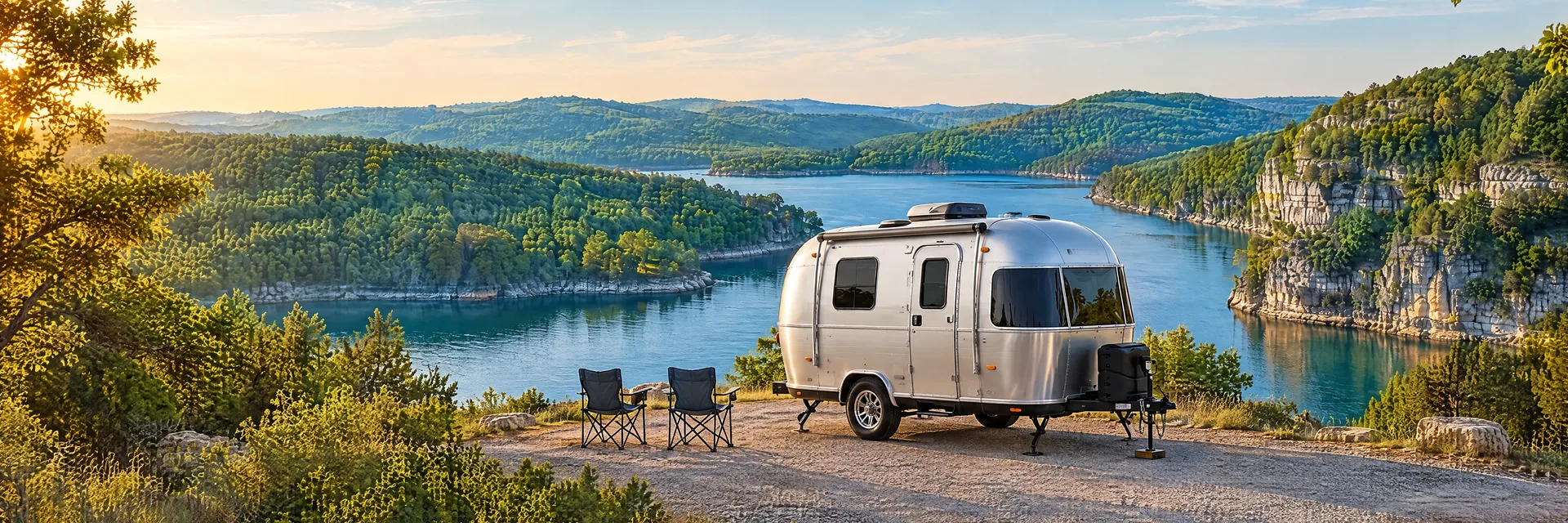 Illustration of a silver compact single-axle travel trailer with visible hitch and stabilizers at a fictional camping setting inspired by Branson, MO.