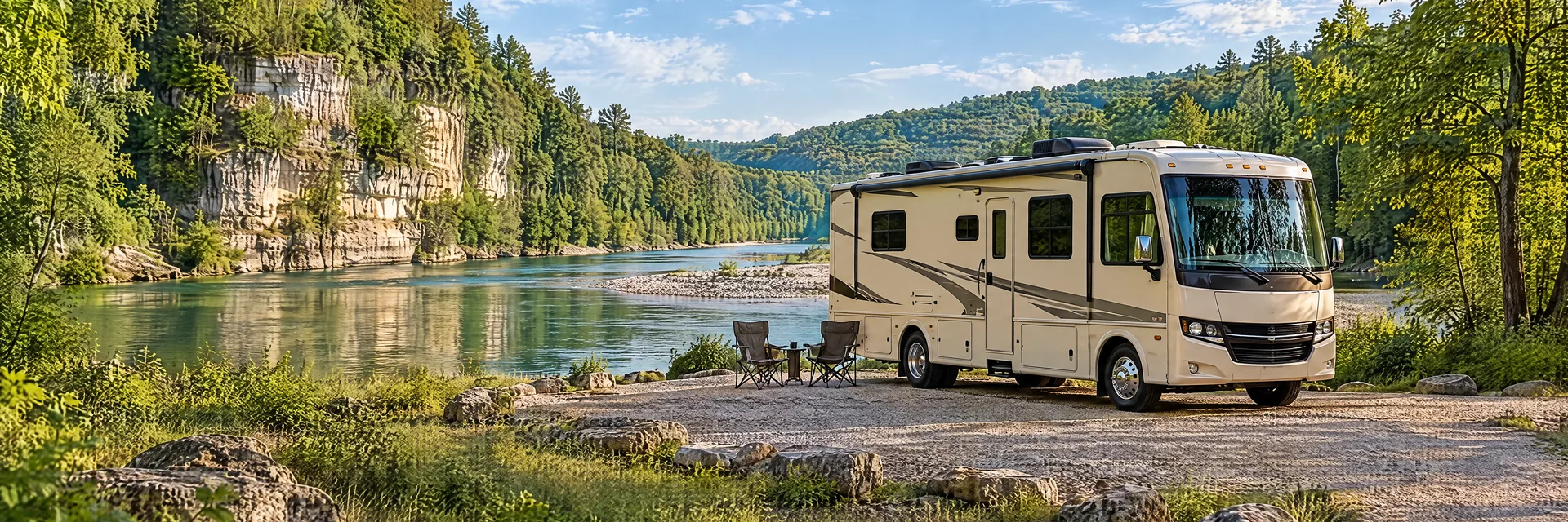 Illustration of a cream Class A motorhome with restrained charcoal trim at a fictional camping setting inspired by Eminence, MO.