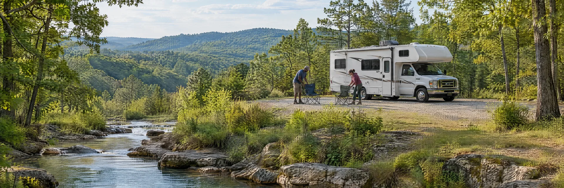 Illustration of campers enjoying setting up camp beside a Class C motorhome in a fictional camping setting inspired by Falcon, MO.