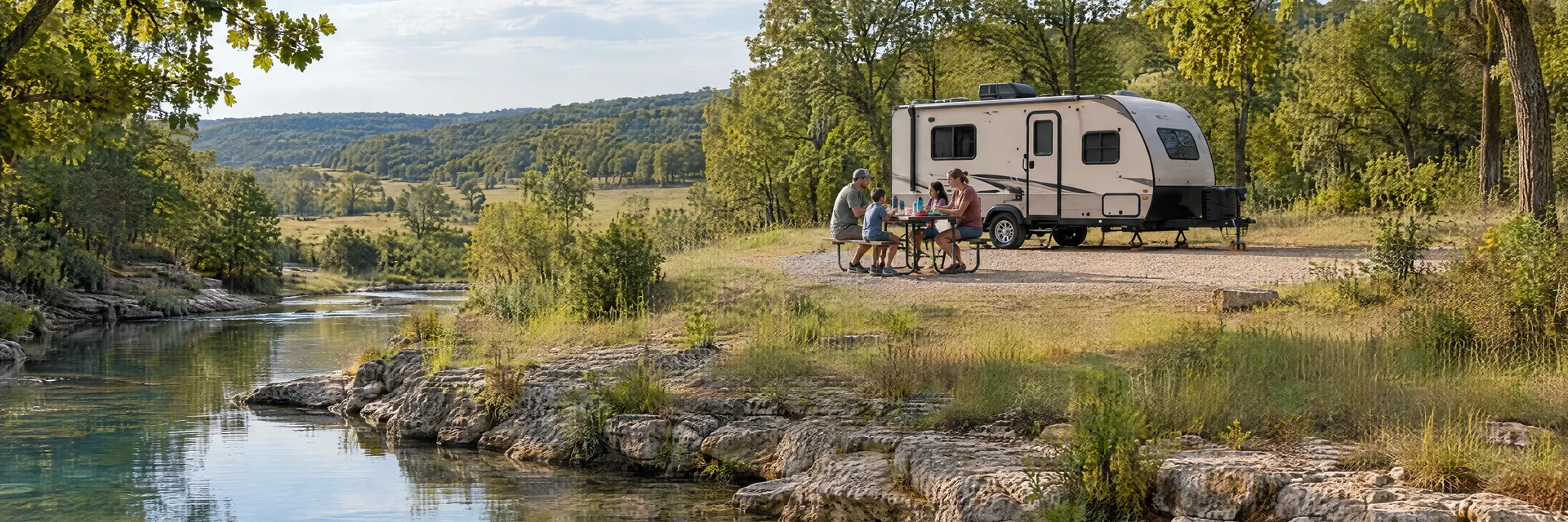 Illustration of campers enjoying a family picnic beside a compact travel trailer in a fictional camping setting inspired by Joplin, MO.