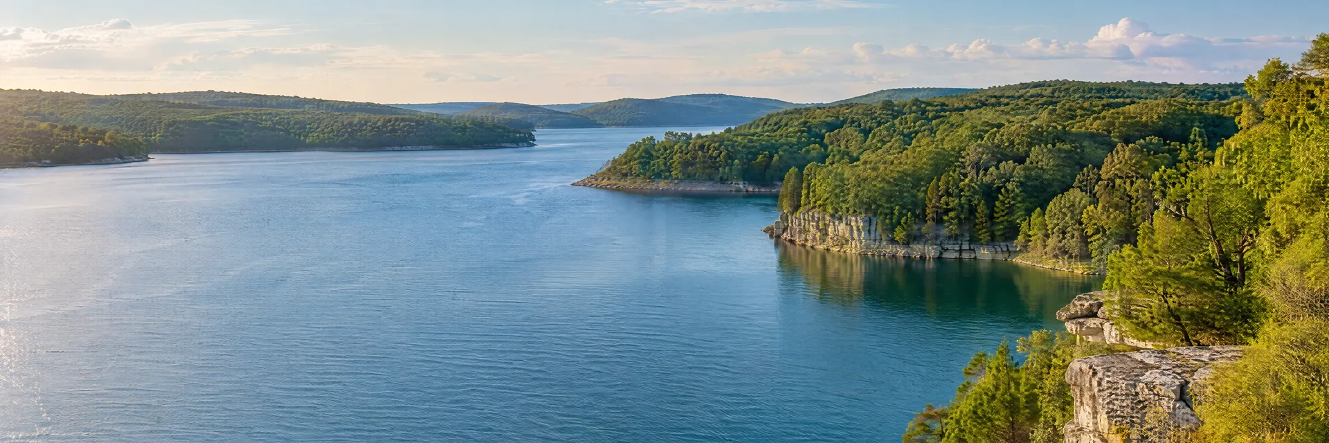 Illustration inspired by Lampe, MO: southwestern Missouri Ozark lake, wooded coves and limestone shoreline.