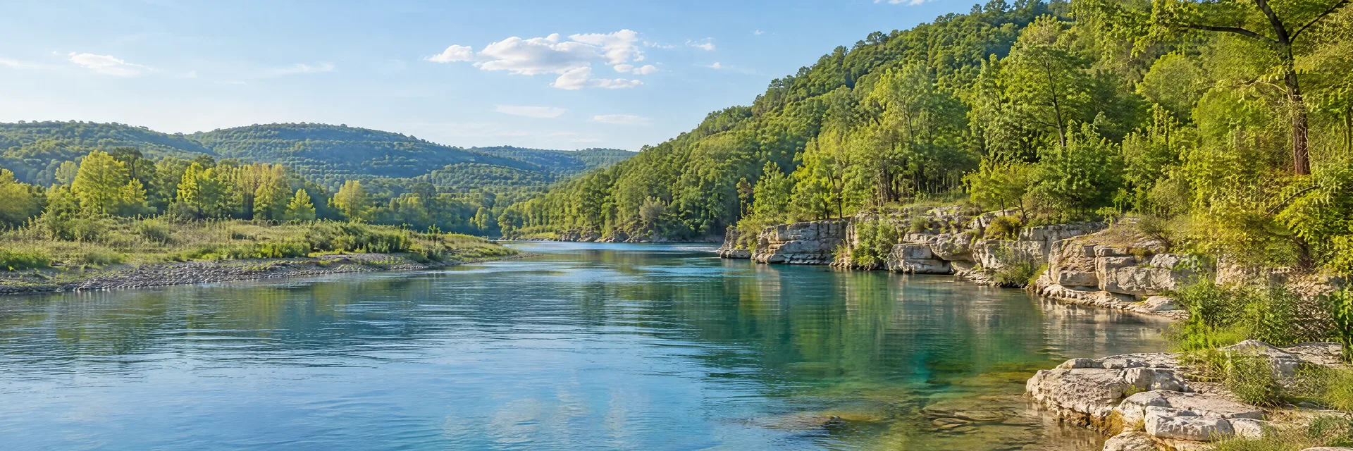 Illustration inspired by Lebanon, MO: south-central Missouri Ozark country, clear spring-fed river, low limestone banks and oak-covered green hills.