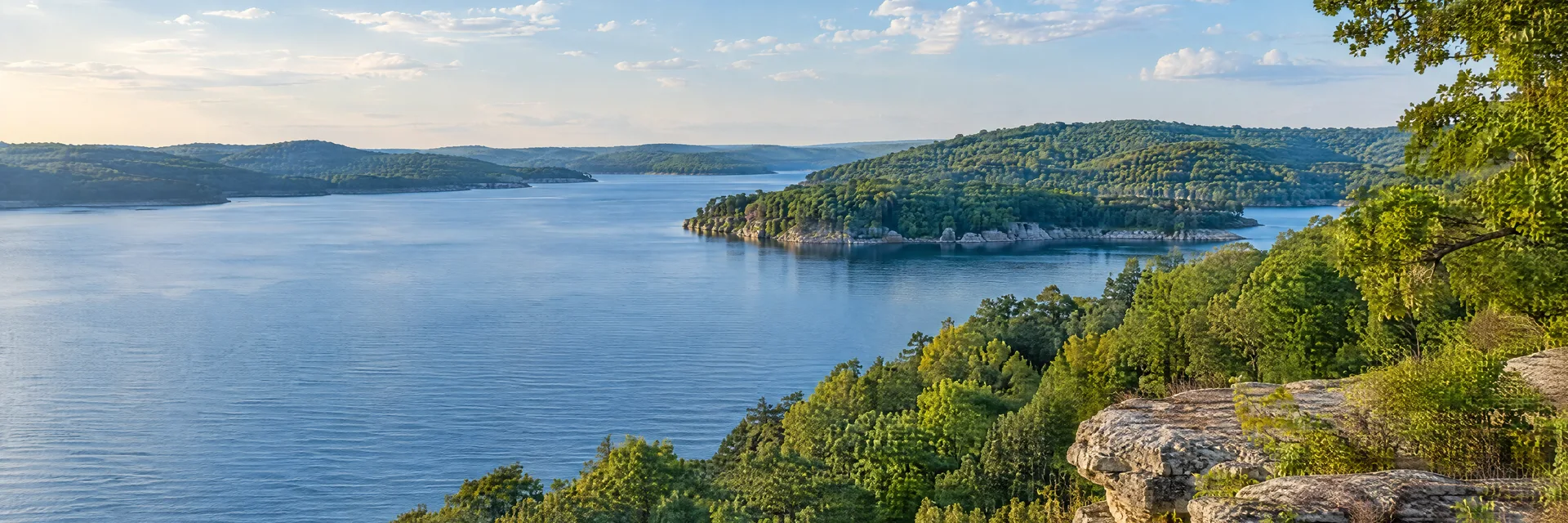 Illustration inspired by Osage Beach, MO: missouri Ozark lake with gently rolling hardwood hills and rocky shore.