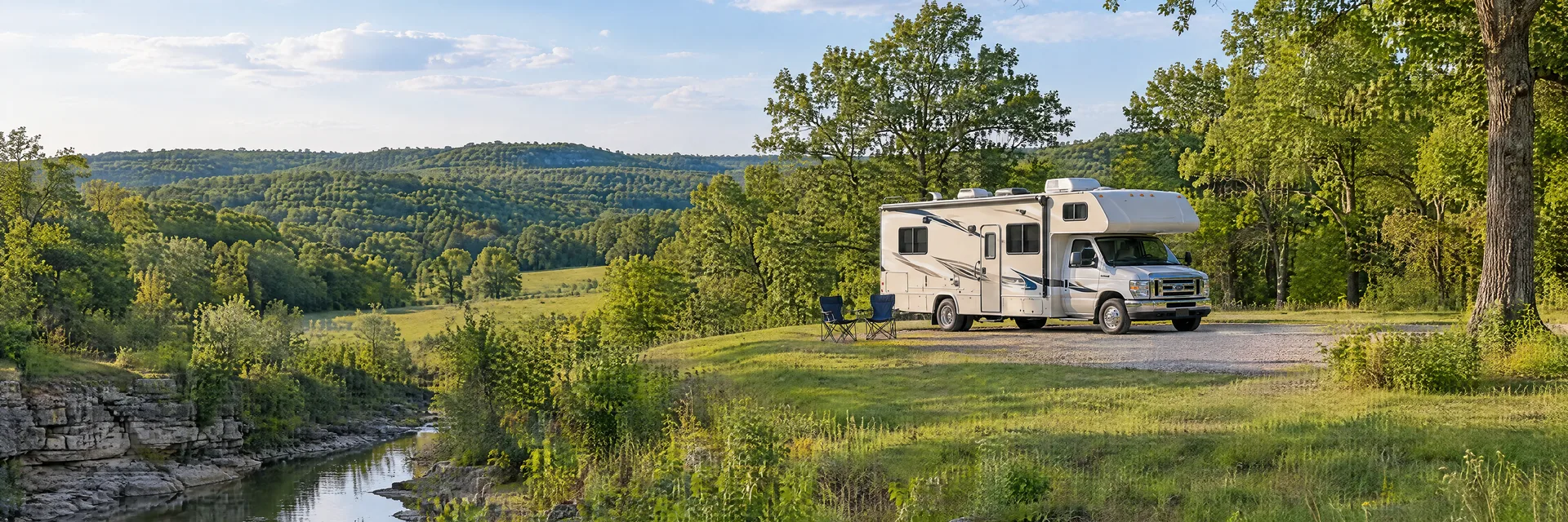 Illustration of a Class C motorhome at a fictional camping setting inspired by Perryville, MO.