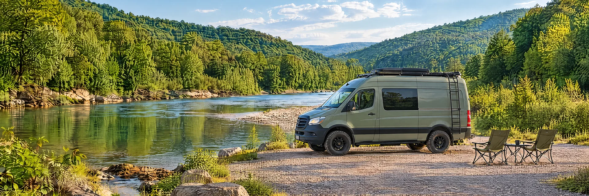 Illustration of a sage-green modern campervan at a fictional camping setting inspired by Van Buren, MO.