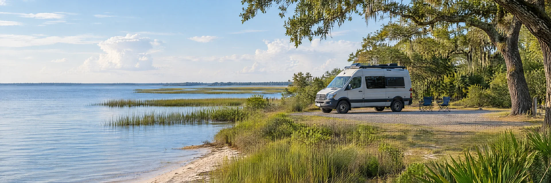 Illustration of a camper van at a fictional camping setting inspired by Bay St. Louis, MS.