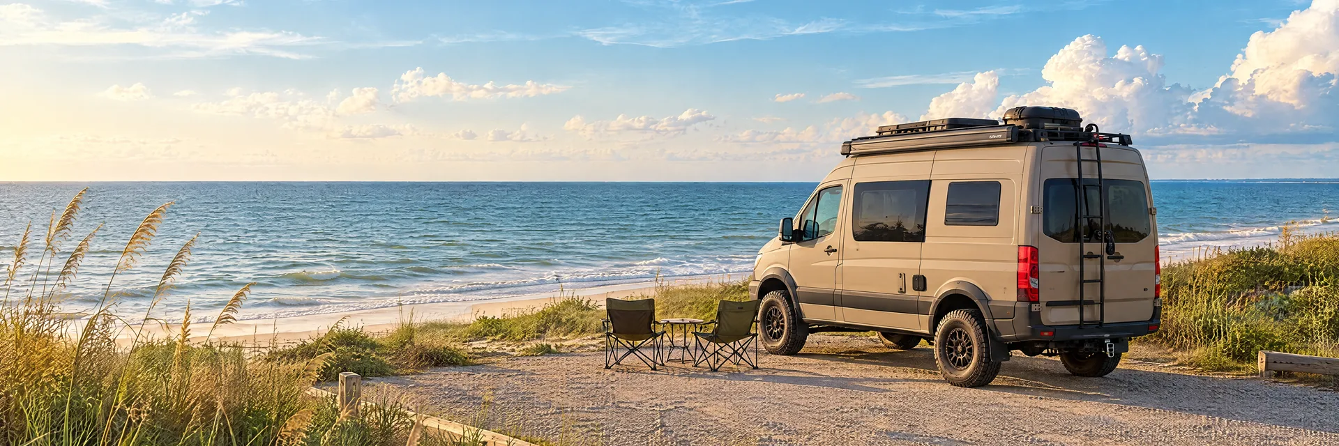 Illustration of a sand-colored rugged campervan at a fictional camping setting inspired by Gulfport, MS.