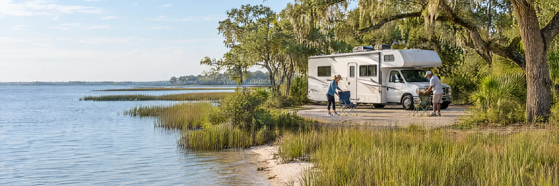 Illustration of campers enjoying setting up camp beside a Class C motorhome in a fictional camping setting inspired by Ocean Springs, MS.