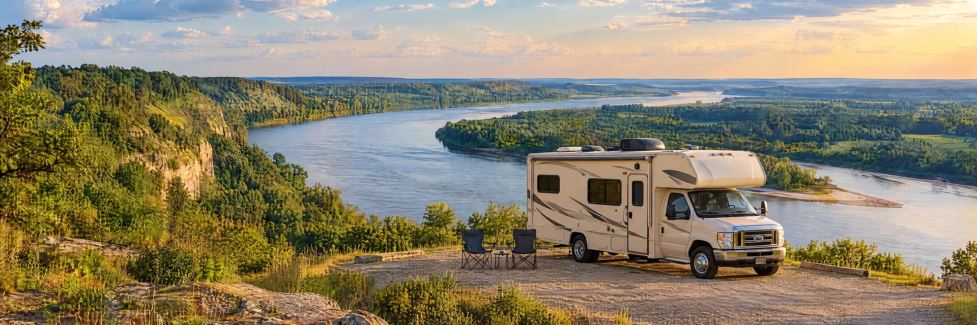 Illustration of a cream Class C motorhome with a modest overcab bunk at a fictional camping setting inspired by Vicksburg, MS.