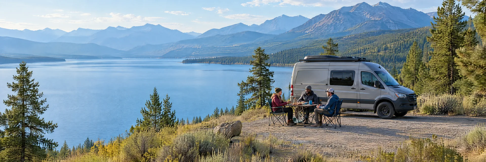 Illustration of campers enjoying an outdoor meal beside a camper van in a fictional camping setting inspired by Big Arm, MT.