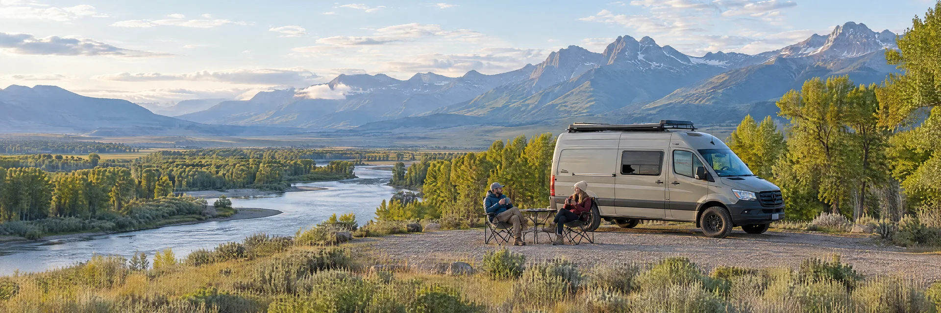 Illustration of campers enjoying morning coffee beside a camper van in a fictional camping setting inspired by Big Timber, MT.