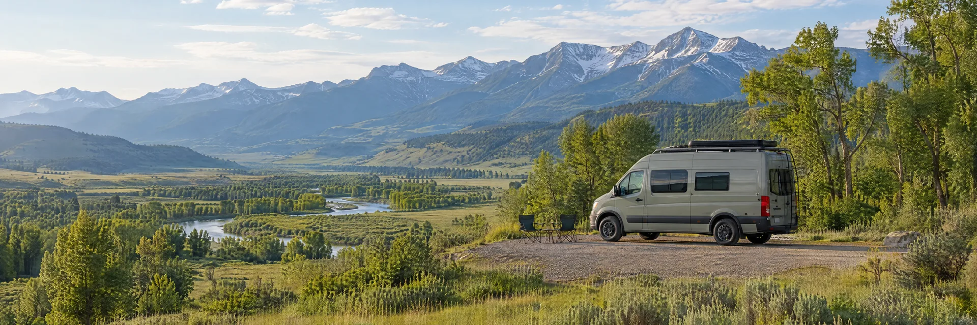 Illustration of a camper van at a fictional camping setting inspired by Bozeman, MT.