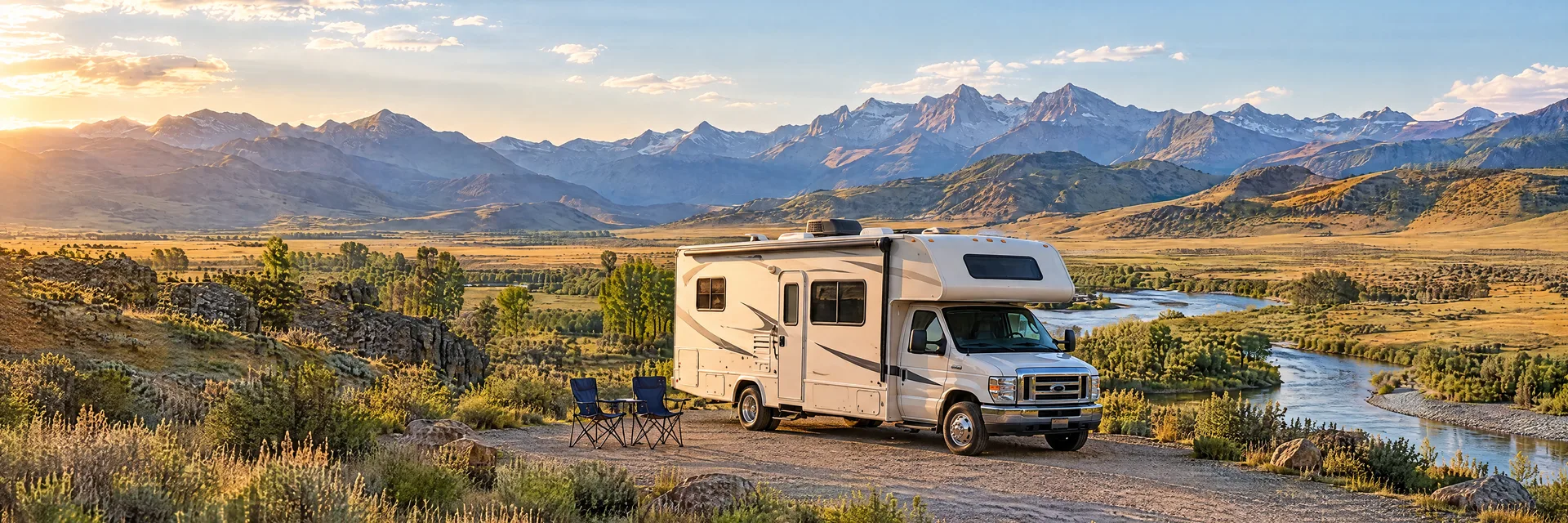 Illustration of a cream Class C motorhome with a modest overcab bunk at a fictional camping setting inspired by Dillon, MT.