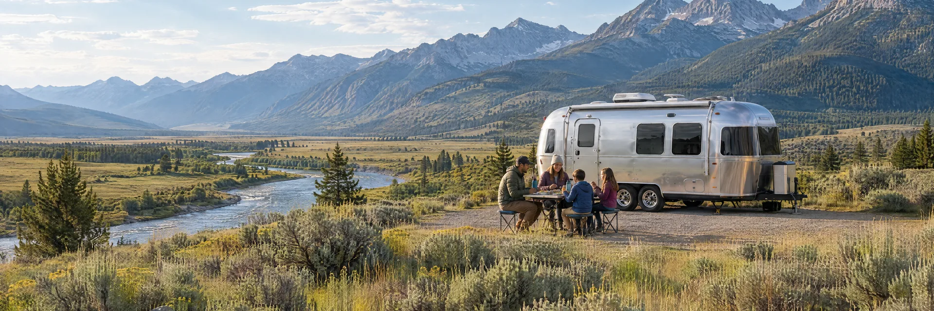 Illustration of campers enjoying a family picnic beside a rounded silver travel trailer in a fictional camping setting inspired by Ennis, MT.